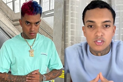 MC Brinquedo em montagem com duas fotos, uma com o cabelo colorido, e outra no vídeo de mudança na carreira