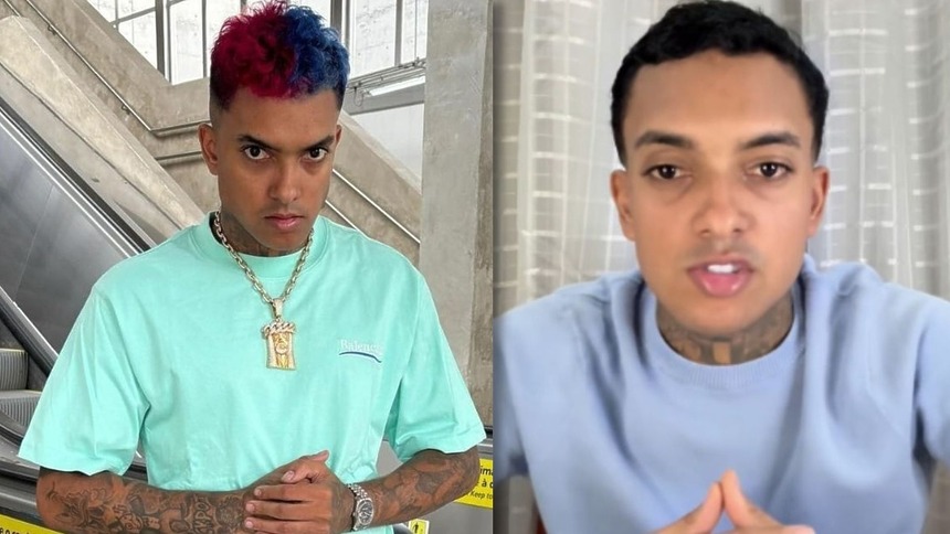 MC Brinquedo em montagem com duas fotos, uma com o cabelo colorido, e outra no vídeo de mudança na carreira