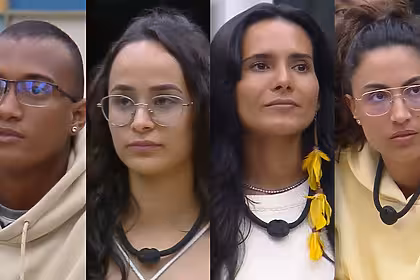 Jp, luiza, morena e nikita com semblantes sérios. Eles estão em pé pedindo votos na formação do 3º tá na reta da casa do patrão
