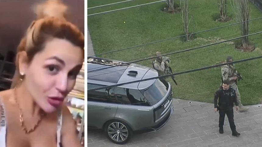 Deolane Bezerra divide tela em montagem com Policiais fortemente armados em frente a mansão