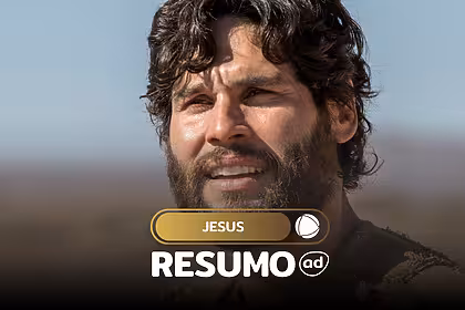 Arte do resumo da novela jesus com dudu azevedo em um deserto