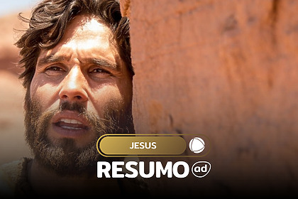Arte do resumo da novela jesus com dudu azevedo em um deserto sob sol escaldante