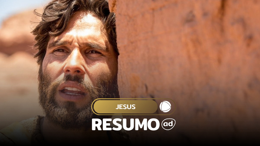 Arte do Resumo Da Novela Jesus com Dudu Azevedo em um deserto sob sol escaldante
