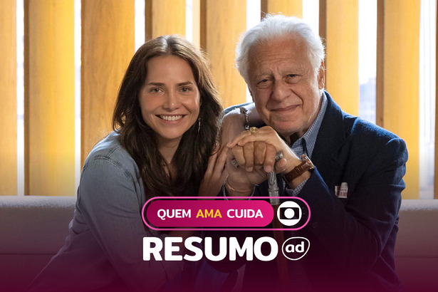 Adriana (Leticia Colin) e Arthur (Antonio Fagundes) sentados em um sofá na arte do Resumo Diario De Quem Ama Cuida