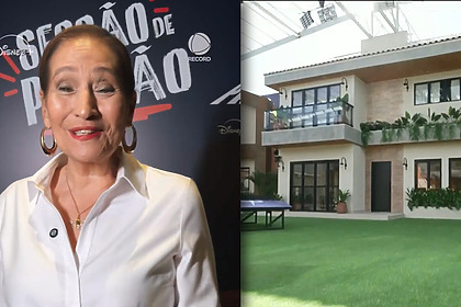 Sonia Abrão sorridente em frente um painel da Casa do Patrão em montagem com uma imagem do gramado do reality show da RECORD e Disney