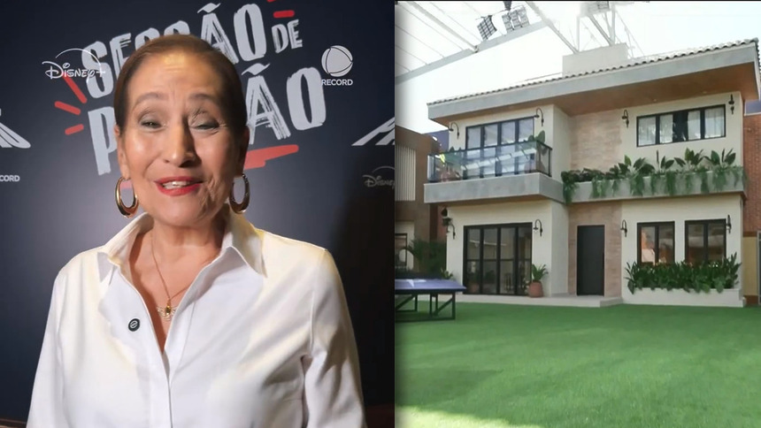 Sonia Abrão sorridente em frente um painel da Casa do Patrão em montagem com uma imagem do gramado do reality show da RECORD e Disney