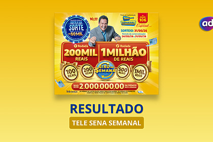 Bilhete da Tele Sena Semanal Edição 106 na cor amarela com o prêmio máximo de 1 milhão