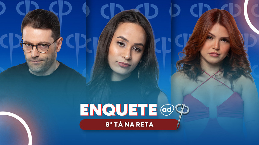Montagem da enquete3 do oitavo Tá Na Reta da Casa do Patrão com Jackson, Luiza e Marina com semblantes tristes