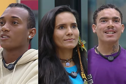 JP, Morena e Vivão em pé na sala da Casa do Patrão com semblante mais sério pedindo votos para seguirem no jogo