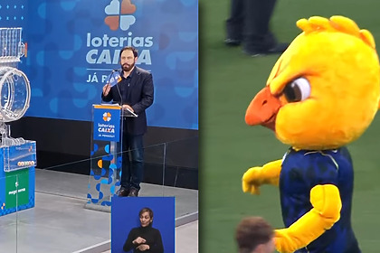 Montagem com a imagem do apresentador no púlpito do cenário do sorteio da +Milionária dividindo tela com o mascote da Seleção Brasileira caminhando no campo do jogo entre Brasil e Egito