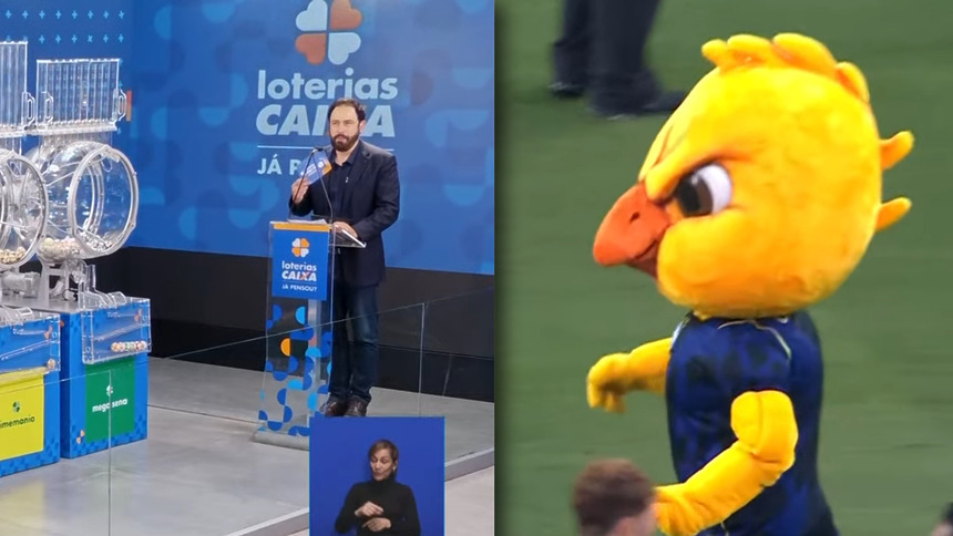Montagem com a imagem do apresentador no púlpito do cenário do sorteio da +Milionária dividindo tela com o mascote da Seleção Brasileira caminhando no campo do jogo entre Brasil e Egito