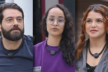 Montagem do Oitavo Ta Na Reta da Casa do Patrão com Jackson, Luiza e Marina em pe na sala do reality show pedindo votos