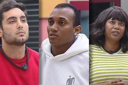 Montagem do Sexto Ta Na Reta com João Victor, JP e Sheila em pé na sala da Casa do Patrão pedindo votos