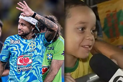 Neymar, em uma montagem, com e uma criança cornetando ao vivo no SporTV