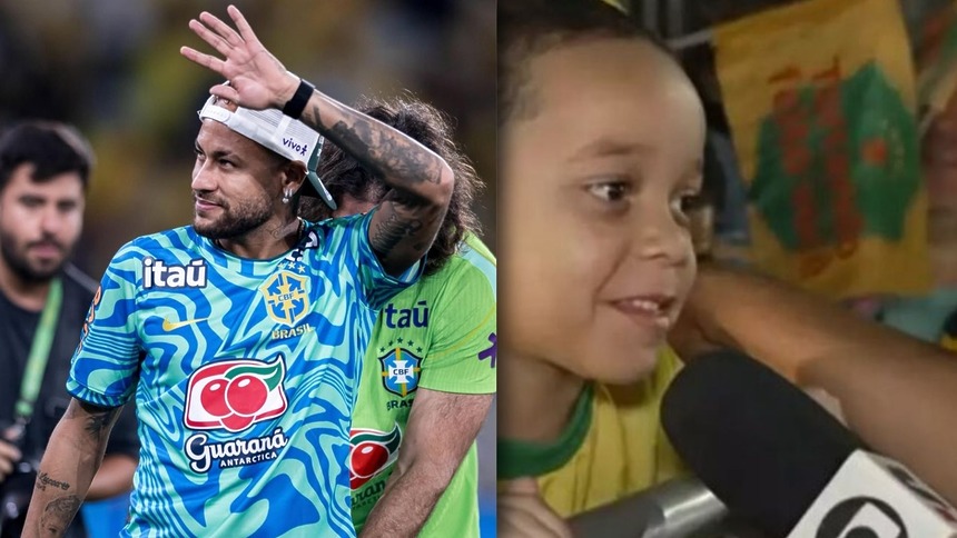 Neymar, em uma montagem, com e uma criança cornetando ao vivo no SporTV