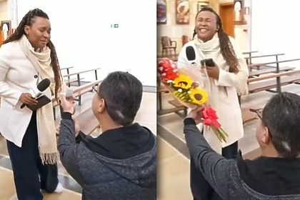 Repórter Luana Nunes sendo pedida em casamento no Mais Você