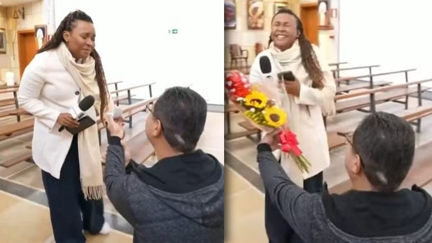 Repórter Luana Nunes sendo pedida em casamento no Mais Você