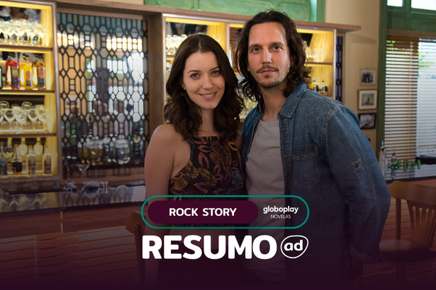 Lorena Monteiro (Nathalia Dill) ao lado de Guilherme Santiago (Vladimir Brichta) na arte do Resumo Da Novela Rock Story