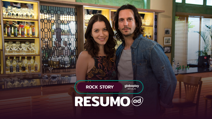 Lorena Monteiro (Nathalia Dill) ao lado de Guilherme Santiago (Vladimir Brichta) na arte do Resumo Da Novela Rock Story