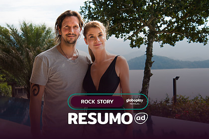 Guilherme Santiago (Vladimir Brichta) ao lado de Diana (Alinne Moraes) na arte do Resumo De Rock Story