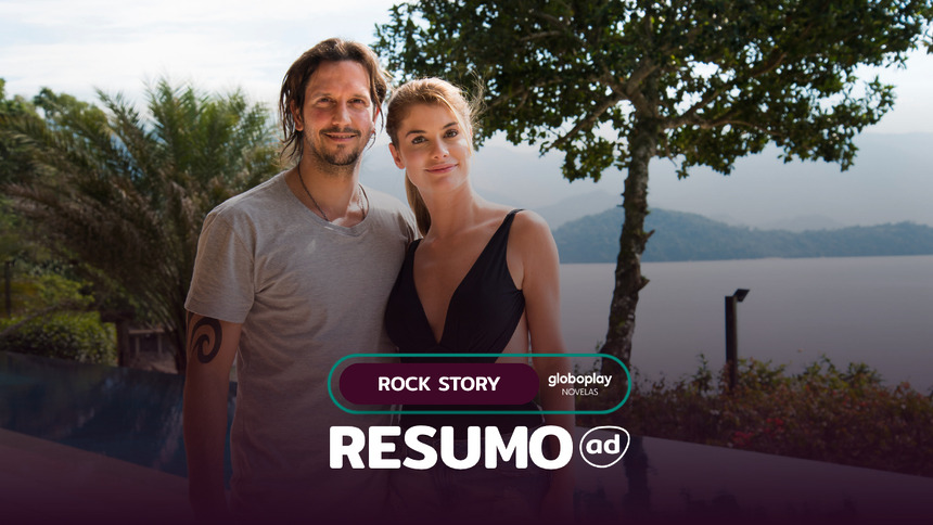 Guilherme Santiago (Vladimir Brichta) ao lado de Diana (Alinne Moraes) na arte do Resumo De Rock Story