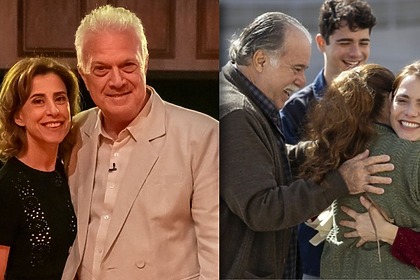 Bial e Fernanda Torres em trecho do novo Conversa com Bial, em montagem com trecho da nova fase de Quem Ama Cuida