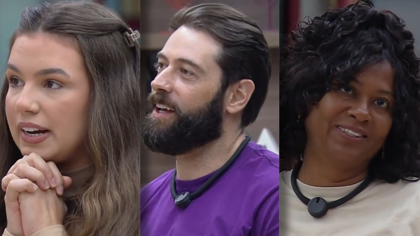Bianca, Jackson e Sheila após a formação de um Tá na Reta, em uma montagem