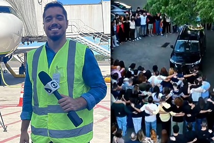 Caíque Verli em trecho de reportagem, em montagem com o carro da funerária rodeado de colegas na TV Gazeta