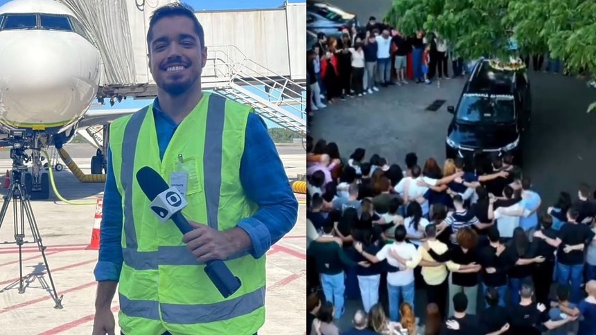 Caíque Verli em trecho de reportagem, em montagem com o carro da funerária rodeado de colegas na TV Gazeta