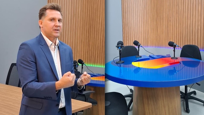 Diretor Sandro Krechowieki e o estúdio de podcast vazio, no lançamento do G Plus