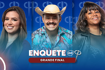 Bianca, Matheus e Sheila sorridentes na arte da Enquete Casa Do Patrao sobre a Grande Final