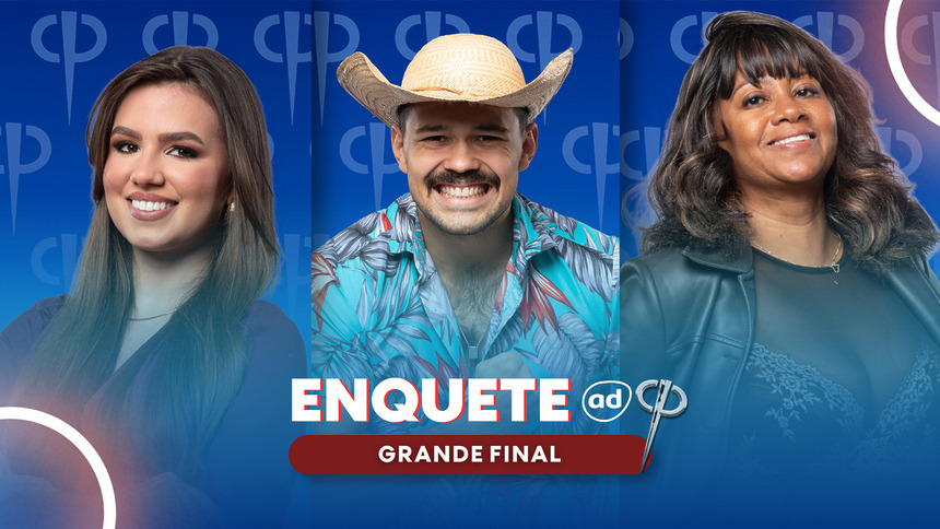 Bianca, Matheus e Sheila sorridentes na arte da Enquete Casa Do Patrao sobre a Grande Final