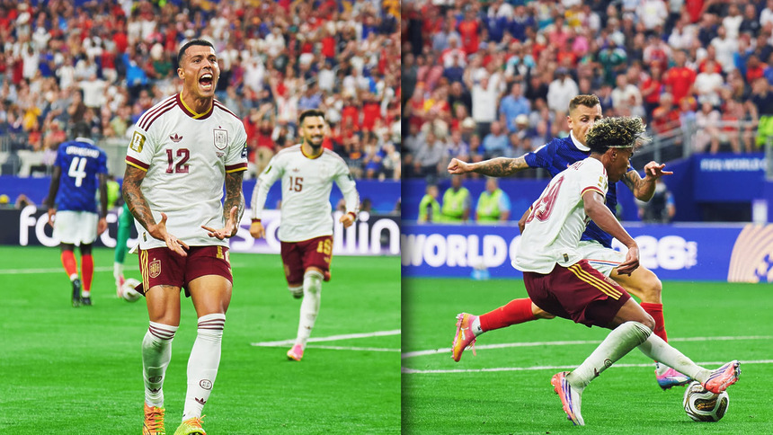 Jogador Pedro Porro grita com a vitória no centro do estádio após a Espanha Classificada para a final da Copa do Mundo 2026
