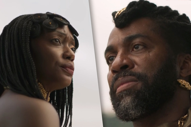 Binta olha sério para Jendal que está assustado enquanto caminham no reino de Batanga em cena de A Nobreza do Amor