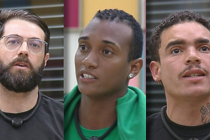 Jackson, JP e Vivão em pé na sala da Casa do Patrão pedindo votos para o 11º Tá Na Reta