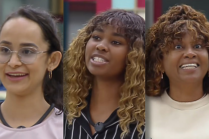 Luiza, Mari e Sheila pedem votos em pé na sala do 14º Tá Na Reta da Casa do Patrão