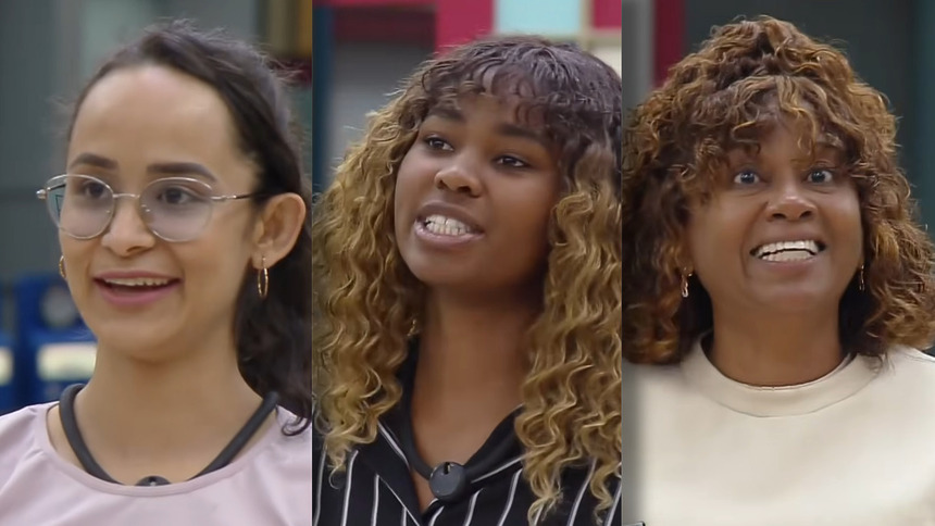 Luiza, Mari e Sheila pedem votos em pé na sala do 14º Tá Na Reta da Casa do Patrão