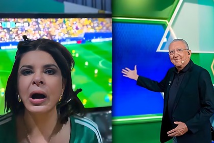 Montagem com Mara Maravilha com a boca aberta gritando e Galvão Bueno sorridente no estúdio do SBT