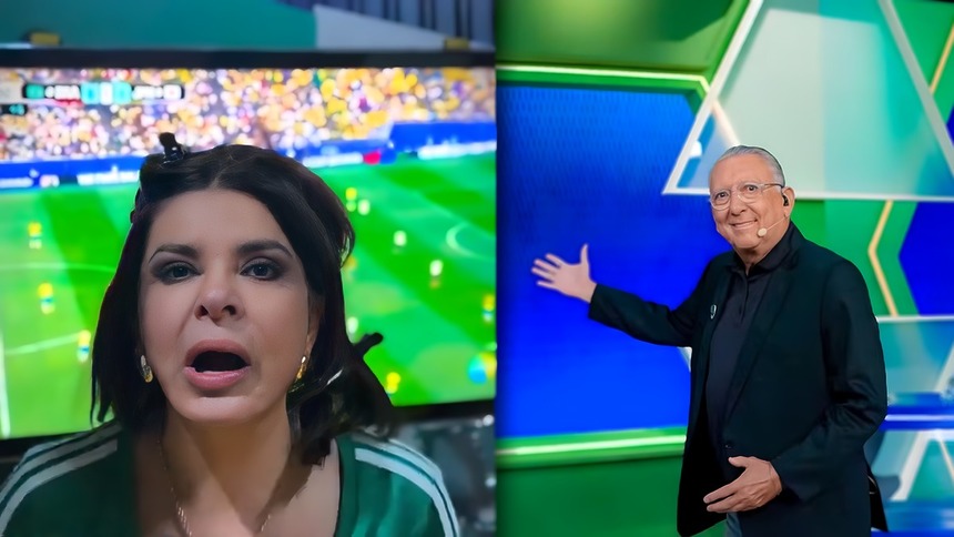 Montagem com Mara Maravilha com a boca aberta gritando e Galvão Bueno sorridente no estúdio do SBT