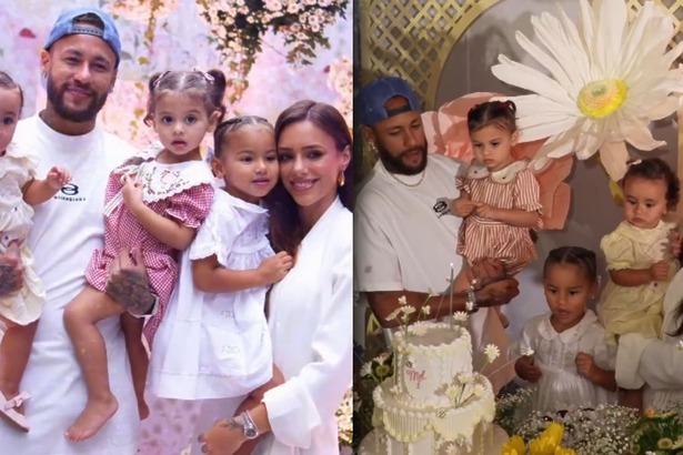 Neymar e Bruna Biancardi celebrando os aniversários de Mel e Helena