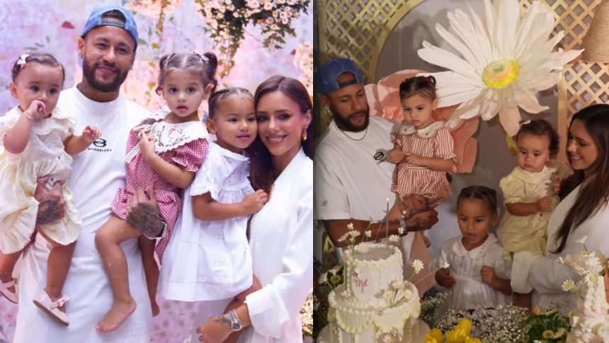 Neymar e Bruna Biancardi celebrando os aniversários de Mel e Helena