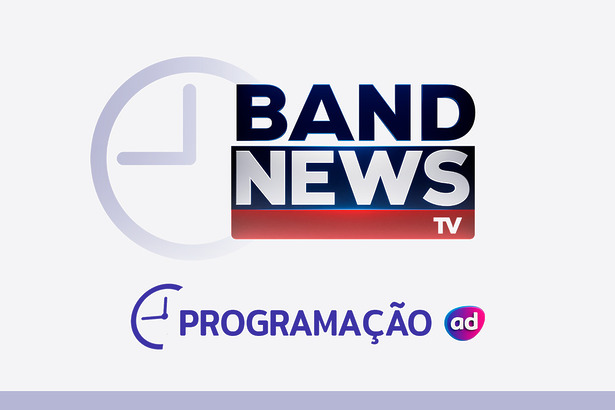 O logo da BandNews TV ao lado de um ícone de relógio, com o título "Programação" em cinza na parte inferior.