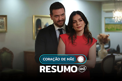 Protagonistas abraçados na arte do Resumo Da Novela Coração De Mãe