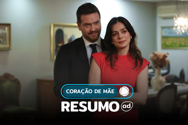 Protagonistas abraçados na arte do Resumo Da Novela Coração De Mãe