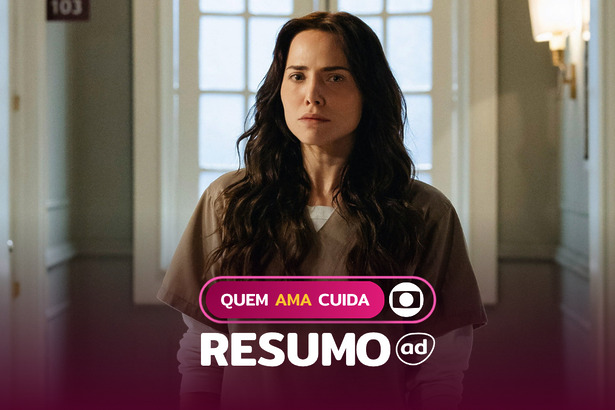 Adriana (Leticia Colin) com semblante sério, caminha numa sala na arte do Resumo Da Novela Quem Ama Cuida