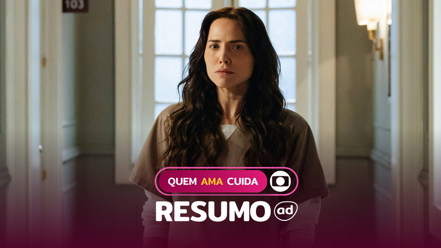 Adriana (Leticia Colin) com semblante sério, caminha numa sala na arte do Resumo Da Novela Quem Ama Cuida