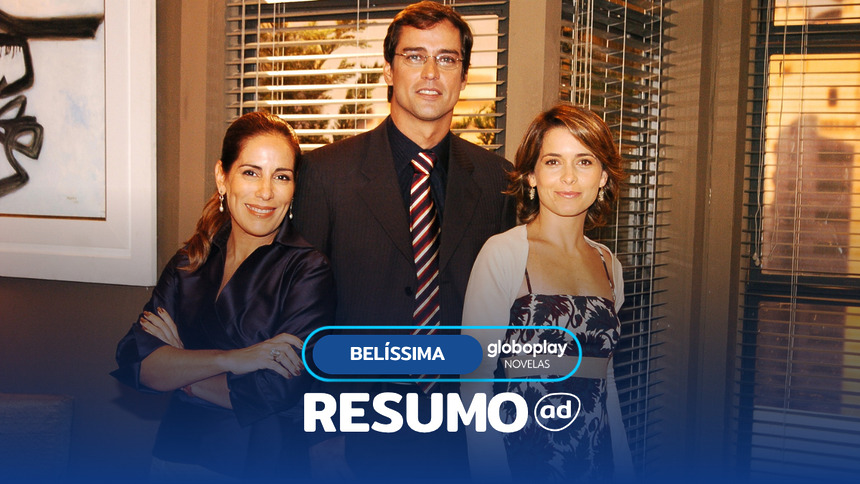 Júlia (Glória Pires), André (Marcello Anthony) e Vitória (Claudia Abreu) lado a lado em cenário de um escritório da novela. Os três sorriem na arte do Resumo De Belíssima
