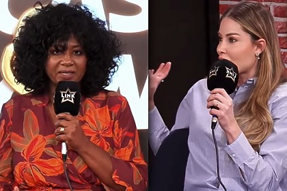 Sheila e Saory em montagem com trechos do barraco no Link Podcast após a Casa do Patrão