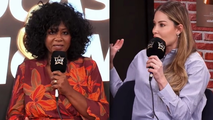 Sheila e Saory em montagem com trechos do barraco no Link Podcast após a Casa do Patrão