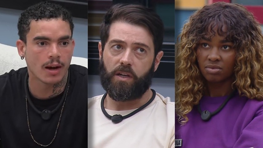 Vivão, Jackson e Mari em uma montagem na Casa do Patrão durante a formação do 12º Tá na Reta